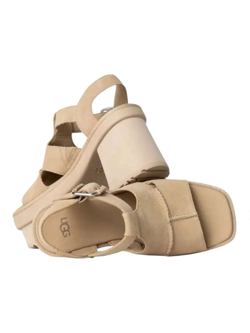 UGG New Heights Platform T-Strap Sandals Suede Beige NWOB 7.5